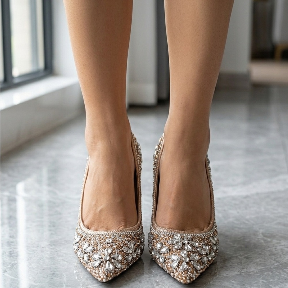 Embellished Crystal Pointed Toe Pumps in Champagne
